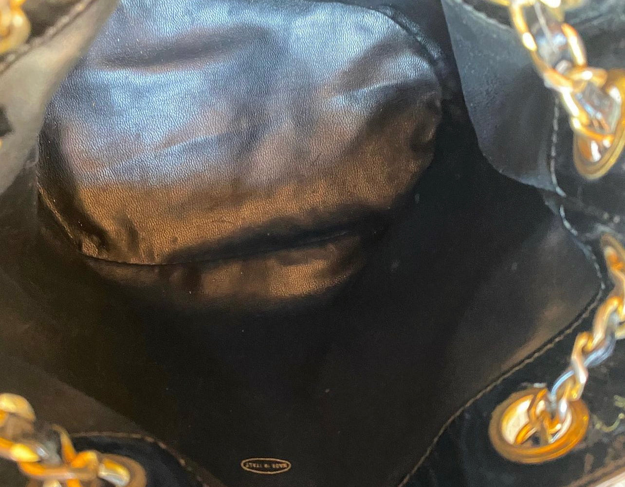 Authentic Preloved CC vintage Black enamel bucket shoulder tote with pouch